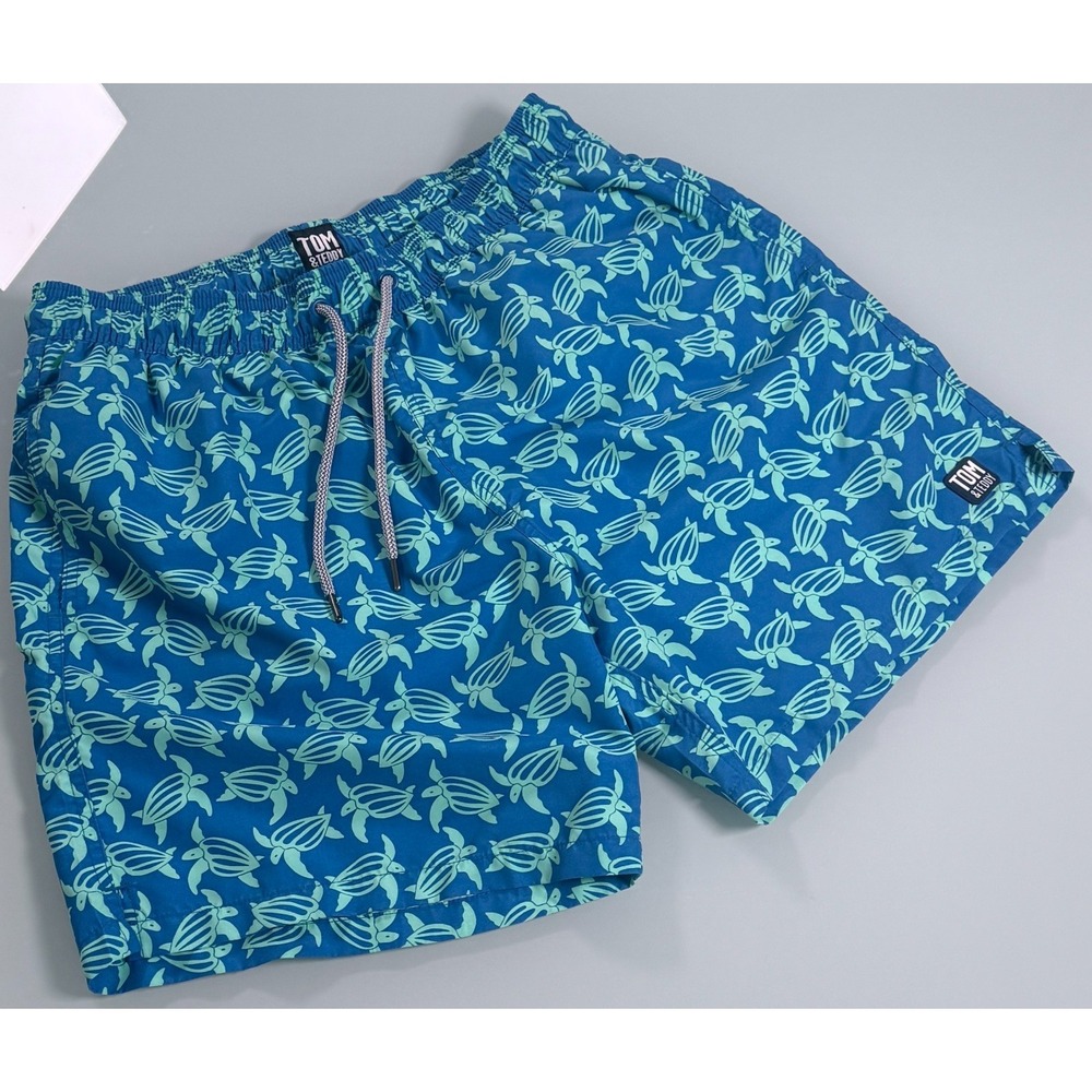 TOM & Teddy Blue & White Polyester Blend Mens Swim Trunks Turtle Lined - Large